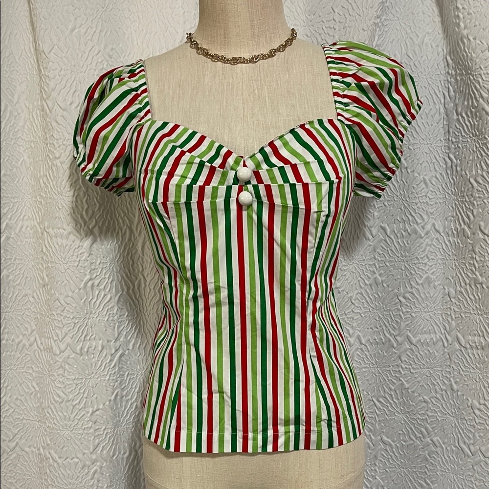 Magnolia Striped Blouse with Puff Sleeves - Green, Red, White